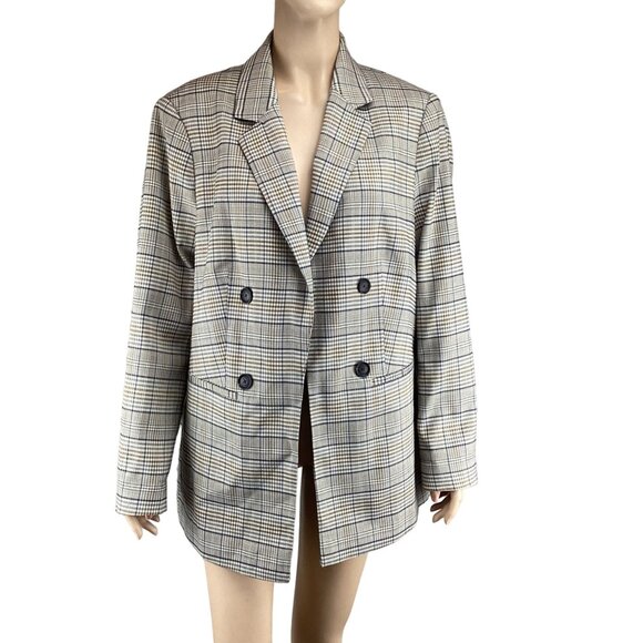 Violeta By MNG Mango Womens Plaid Double-Breasted Blazer Jacket Medium Oversize - Picture 6 of 8